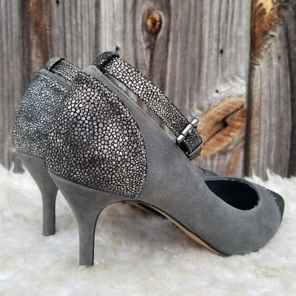 Gray Cap Toe Heels Size 9.5 W Wide Hal Rubenstein Suede Leather Metallic Ankle - Picture 7 of 14